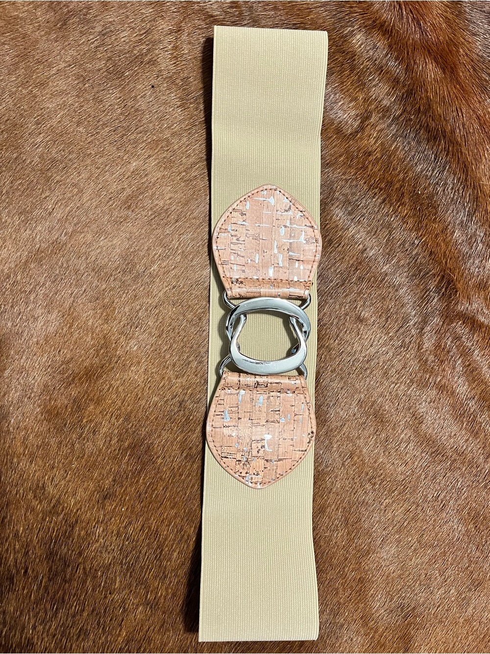 Wide Elastic Waist Belt with Cork Accent - Beige